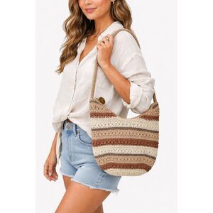 The Sak Crochet Knit Hobo Shoulder Bag Neutral Striped Boho Festival